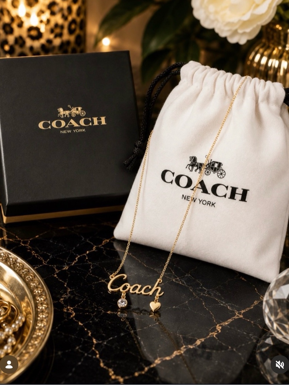 Coach Gold-Tone Script Logo Necklace with Crystal & Heart Charms